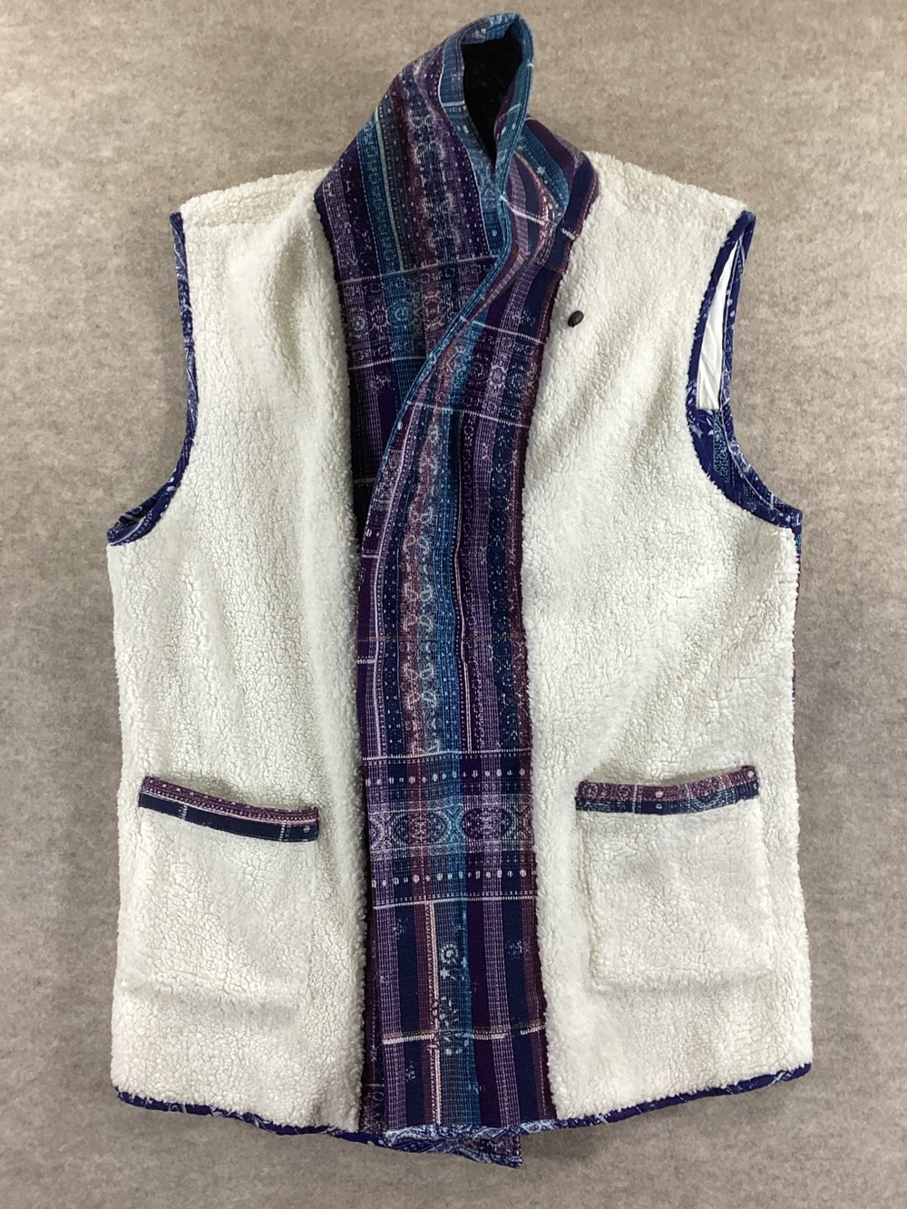 Lucky Sherpa Vest with Patterned Trim - Cream & Purple
